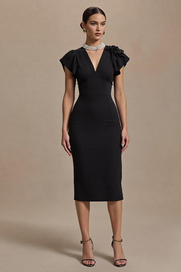 Black V-Neck Midi Work Dress With Ruffles